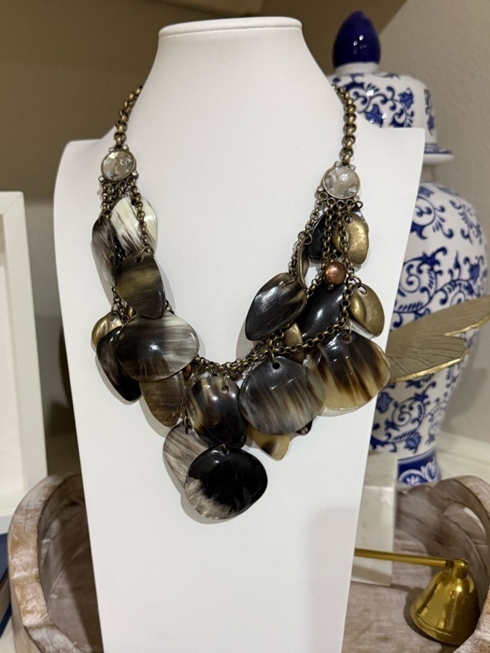 Rare St. John Vintage Statement Necklace - Multi Layer Antique Gold and Shell